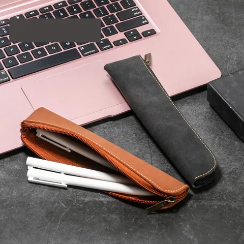 Estuche para Lápices de Cuero PU Esmerilado Vintage Paquete Múltiple Cremallera Gruesa Soporte para Bolígrafos Bolsa de Papelería para Oficina
