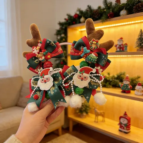 Christmas Reindeer Antler Hairband Ribbon Bow Bell Kids Hair Clips Lolita Xmas Headwear Accessories For Girls