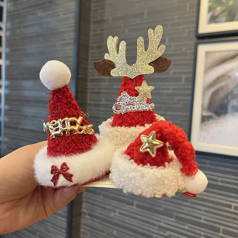3D Mini Christmas Hat Hair Clip For Girls Cute Plush Reindeer Antler Hairpin Red Party Headwear Festive Hair Accessories Gift