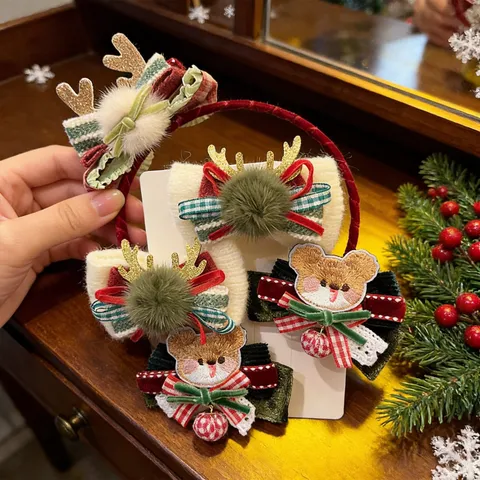 Christmas Style Bowknot Hairpins For Girls Cute Pom Pom Antler Hair Clips Toddler Headwear Festival Party Kids Hair Accessories
