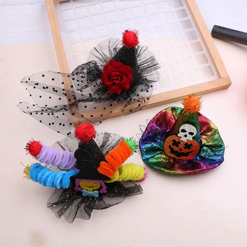 Halloween DIY Hair Accessories Mesh Fabric Witch Hat Hairpins Pumpkin Ghost Skull Hair Clips For Children Party Supplies