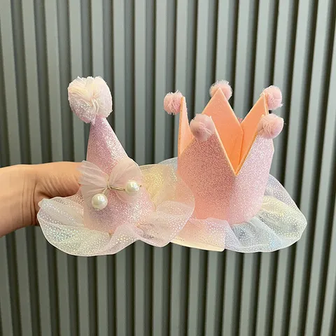 Cute Princess Birthday Hat Hair Band Rainbow Gradient Mesh Crown Headband For Kids Party Cosplay Headwear Accessories