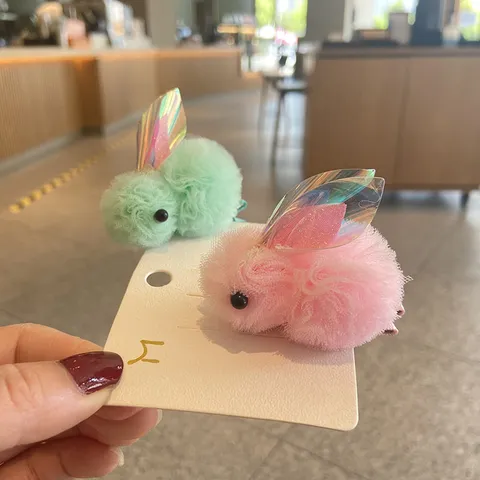 Cute Cartoon Rabbit Mesh Ball Kids Hair Clips Iridescent Wings Plush Bunny Hairpin DIY Crafts Materials Princess Headwear Accessories For Children Girls Everyday Party Decorative