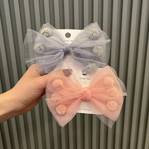 Girls Mesh Bow Hair Clip Korean Style Princess Hair Pin With Plush Ball Sweet Kids Hair Accessories Headwear For Party Daily