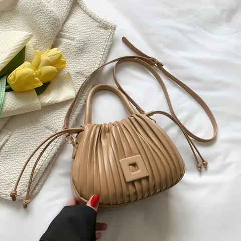 Damen Beuteltasche Gerafft Kordelzug PU Leder Mode Plissiert Umhängetasche Trendy Schultertasche Casual Handtasche Damen Geldbörse