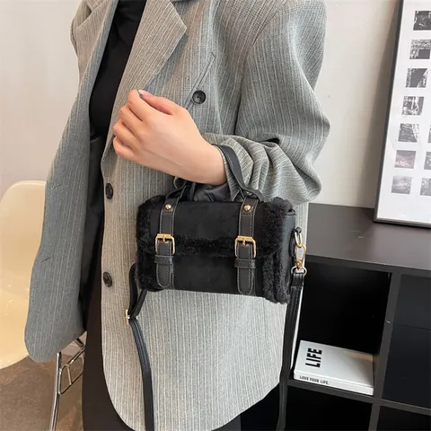 Women Plush Patchwork Crossbody Bag PU Stitching Square Handbag Small Shoulder Tote With Single Adjustable Strap Casual Daily Bag