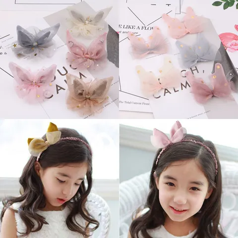 Handmade 3D Mesh Rabbit Ear Hair Clips For Kids DIY Hair Accessories With Gold Stars And Polka Dots Sweet Hairpin For Girls