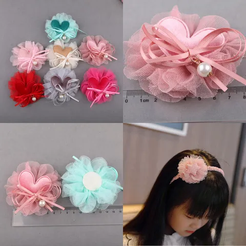Handgefertigte Netzstoffblumen DIY Kinder Haarschmuck Kopfschmuck Zubehör Herz Perle Schuhdekoration Florale Charms