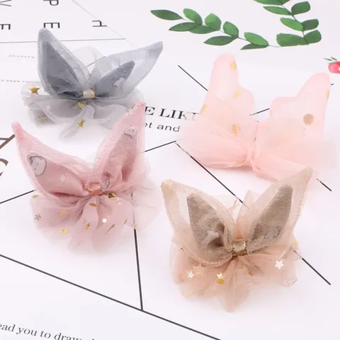Handmade 3D Mesh Rabbit Ear Hair Clips For Kids DIY Hair Accessories With Gold Stars And Polka Dots Sweet Hairpin For Girls