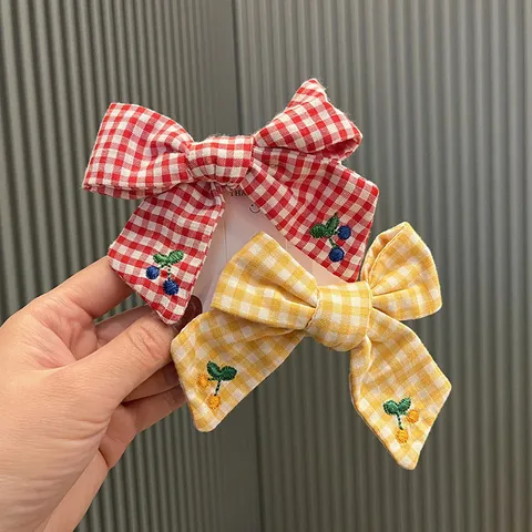 Academy Style Children Gingham Bow Hair Clip Sweet Cherry Embroidery Fabric Hairpin For Girls Back Of Head Hair Accessory