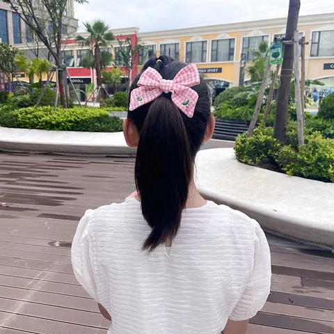 Academy Style Children Gingham Bow Hair Clip Sweet Cherry Embroidery Fabric Hairpin For Girls Back Of Head Hair Accessory