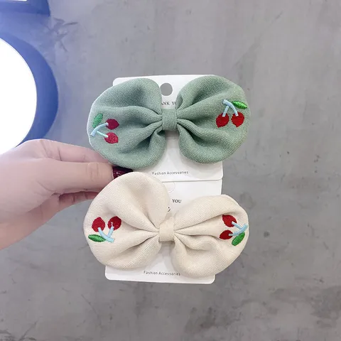 Kids Cherry Bow Hair Clips Princess Hair Accessories Handmade Fabric Embroidered Cherry Alligator Clips For Girls Hairpins