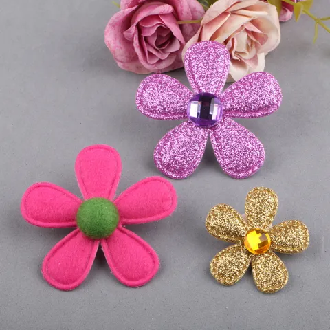 Handgefertigte Glitzer Stoff Blumen Applikationen Für Kinder Haarspangen Kleidung Schuhe Zubehör Harz Strass Verzierte Bastelblumen DIY Scrapbooking Dekoration Materialien