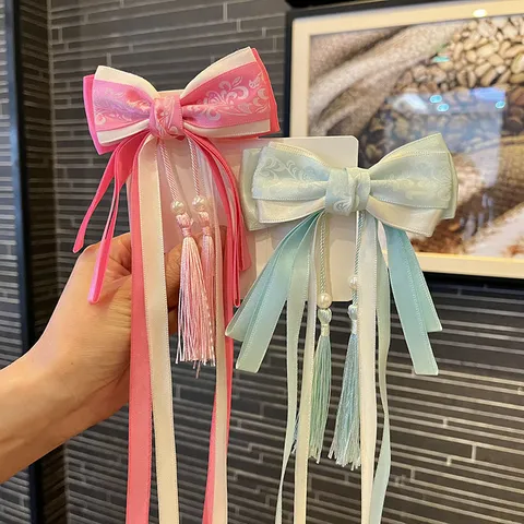 Ancient Style Girls Bow Hair Clip With Tassels Long Streamers Traditional Blue And White Porcelain Pattern Hanfu Hairpin Kids Hair Accessories