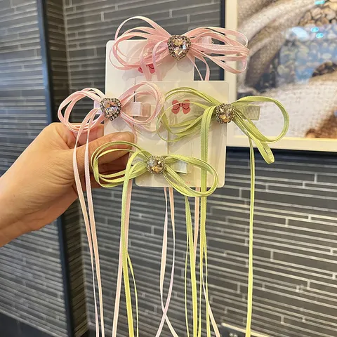 Pastoral Long Ribbon Bowknot Hair Clips For Kids Sweet Rhinestone Girls Fabric Hairpins Hanfu Headwear Decorative Accessories