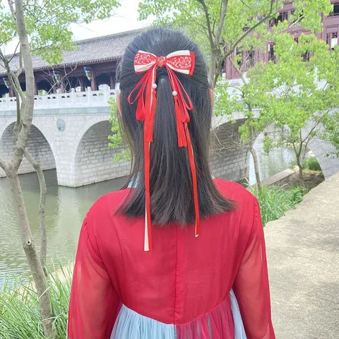 Ancient Style Girls Bow Hair Clip With Tassels Long Streamers Traditional Blue And White Porcelain Pattern Hanfu Hairpin Kids Hair Accessories