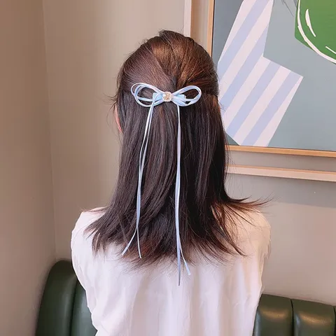 Pastoral Long Ribbon Bowknot Hair Clips For Kids Sweet Rhinestone Girls Fabric Hairpins Hanfu Headwear Decorative Accessories