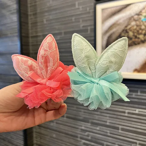 Girl Rabbit Ear Hair Clip Cute Lace Mesh Bow Knot 3D Flower Princess Hairpin Kids Stage Performance Hair Accessories