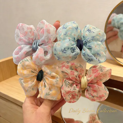 Barrette à Cheveux Nœud Floral Enfants Doux Tissu Mousseline Nœud Papillon Élastique Cheveux Pour Filles Enfants Accessoires Cheveux Pastoraux Quotidiens