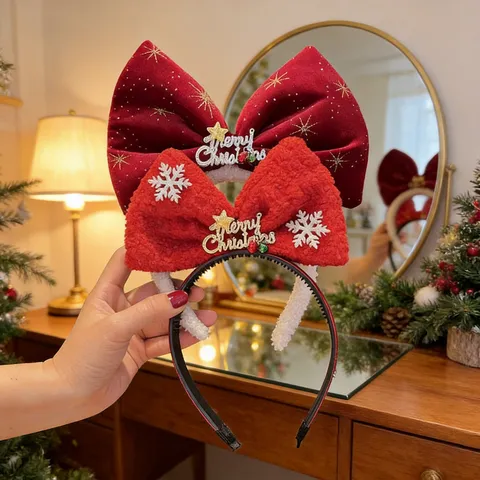 Serre-Tête De Noël Rouge Grand Nœud Papillon Pour Enfants Motif Flocon De Neige Pinces À Cheveux En Velours Accessoires De Cheveux Fête