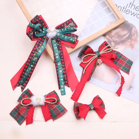 Christmas Series DIY Hair Accessories Red Green Plaid Bow Ribbon Hair Clips Handmade Festive Performance Gift Decoration Materials