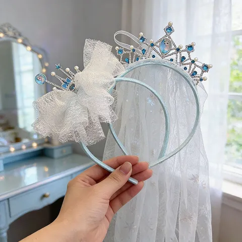 Kids Sweet Princess Crown Mesh Veil Hairband Girls Cute Rhinestone Bowknot Hair Clip Hair Accessories For Party Performance