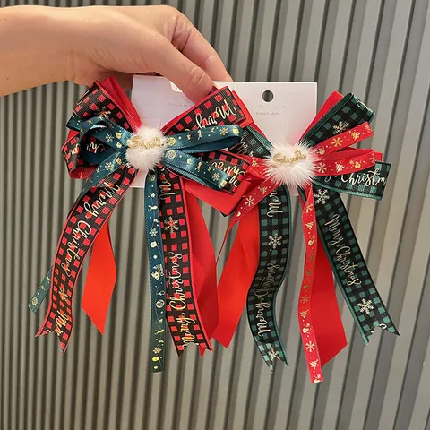 Christmas Hair Clips For Kids Girls Red Green Plaid Bow Ribbon Hairpins Pompom Santa Reindeer Hair Accessories Festive Hair Clip