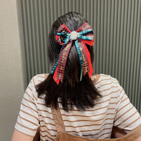 Christmas Hair Clips For Kids Girls Red Green Plaid Bow Ribbon Hairpins Pompom Santa Reindeer Hair Accessories Festive Hair Clip