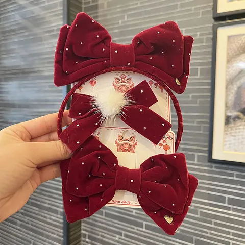 Molletta per Capelli per Bambini Fiocco in Velluto Cerchietto Accessori per Capelli di Capodanno per Ragazze Pompon Strass Decorazione Retrò