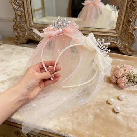 Diadema con Velo de Princesa para Niñas con Lazo de Malla Aleación Diamantes de Imitación Tocado para Cumpleaños Fiesta Boda Accesorios para el Cabello