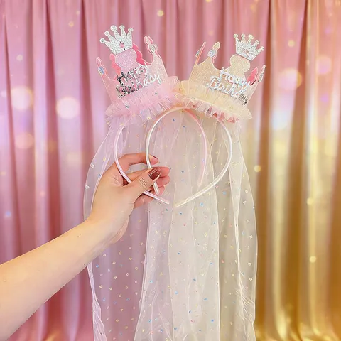 Kids Birthday Crown Headband Princess Party Fairy Mesh Veil Hair Accessories Girl Rhinestone Crown Tulle Hair Clip For Photo Prop