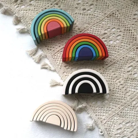 Blocchi Impilabili in Legno Arcobaleno per Bambini Giocattolo Educativo Puzzle Arco di Annidamento Gioco di Apprendimento Montessori