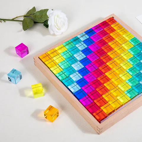 Bambini Educativo Traslucido Arcobaleno Cristallo Blocchi di Costruzione Legno di Faggio Acrilico Cubo Giocattolo