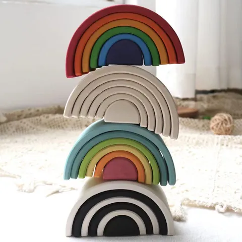 Blocchi Impilabili in Legno Arcobaleno per Bambini Giocattolo Educativo Puzzle Arco di Annidamento Gioco di Apprendimento Montessori