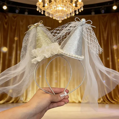 Princess Veil Birthday Hat Headband For Girls Kids Sequin Crown Tulle Hair Accessories Pearl Bow Hair Clip Children's Day Party Photo Props
