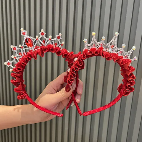 Children Crown Headband Red Velvet Rhinestone Princess Hair Band For Girls Festive Floral Headpiece With Tassel And Pearl