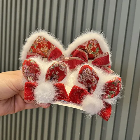 Chinesischer Stil Rot Neujahr Kinder Haarklammern Quaste Bommel Schleife Künstliche Perle Haarnadeln Süße Mädchen Festlicher Haarschmuck