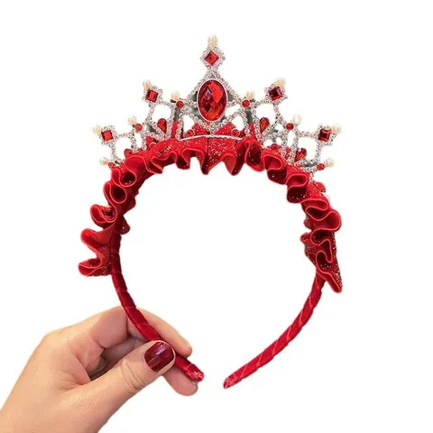 Children Crown Headband Red Velvet Rhinestone Princess Hair Band For Girls Festive Floral Headpiece With Tassel And Pearl