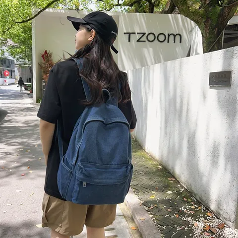 Vintage Lässig Denim Rucksack Für Damen Preppy-Stil Große Kapazität Gewaschener Denim Schulrucksack Schule Reisen Tagesrucksack