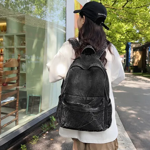 Vintage Lässig Denim Rucksack Für Damen Preppy-Stil Große Kapazität Gewaschener Denim Schulrucksack Schule Reisen Tagesrucksack