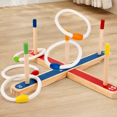 Wooden Ring Toss Game Set Kids Outdoor Throwing Ring Interactive Educational Toy Wood Board with Colored Pillars