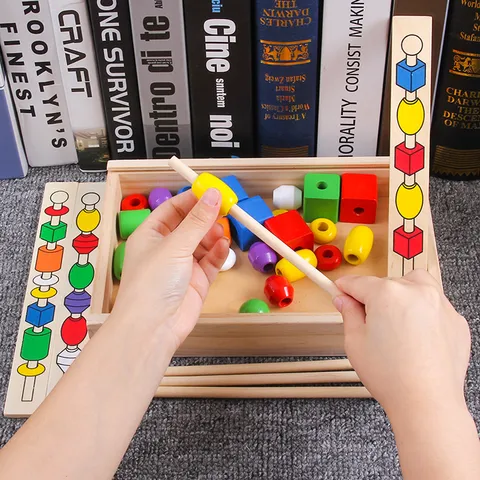 Wooden Educational Bead Threading Building Block Box Kids Early Learning Color Cognition Intelligence Toy Gift