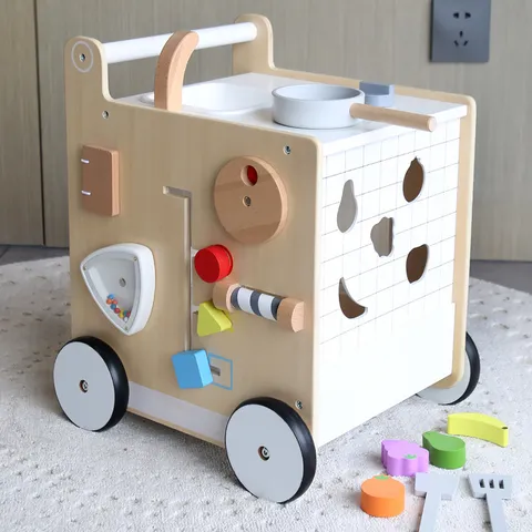Wooden Pretend Play Kitchen Cart Toy Multi-Functional Early Education Baby Walker With Simulation Fruit Blocks For Kids