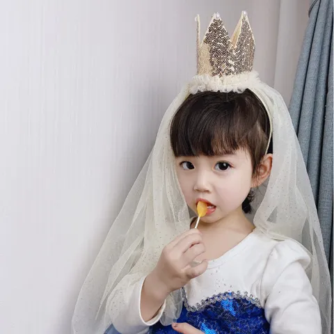 Children Sequin Crown Headband With Long Tulle Veil Flower Girl Hair Accessories Princess Birthday Party Hairband For Kids