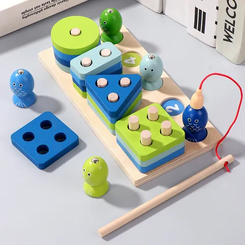 Multi Function Wooden Shape Matching Sorting Blocks Magnetic Fishing Montessori Educational Toy For Toddlers