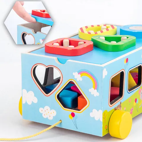 Kids Educational Wooden Digital Shape Matching Pull Car Stacking Blocks Toy