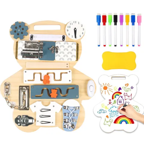Wooden Montessori Busy Board Educational Sensory Toy Double Sided Drawing Board Fine Motor Skills Learning Toy Gift