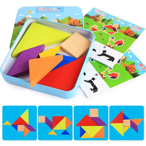 Wooden Tangram T-Puzzle Educational Learning Building Blocks Iron Box Packaging Kids Early Education Puzzle Toy