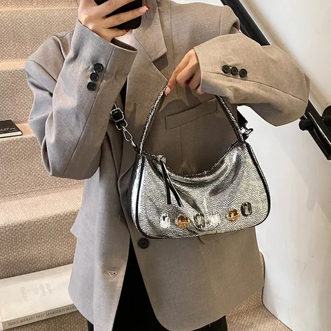 Damen Süßer Cooler Stil PU Leder Achseltasche Y2K Strass Eingelegt Hobo Tasche Mode Metallic Glanz Umhängetasche Für Party Alltag