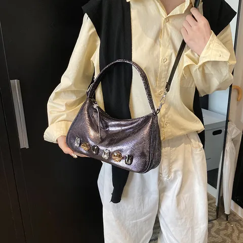 Damen Süßer Cooler Stil PU Leder Achseltasche Y2K Strass Eingelegt Hobo Tasche Mode Metallic Glanz Umhängetasche Für Party Alltag